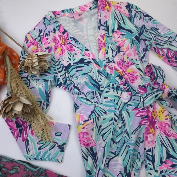 Lilly Pulitzer Blue Pink Floral Wrap Dress Sz Xs - Picture 2 of 11